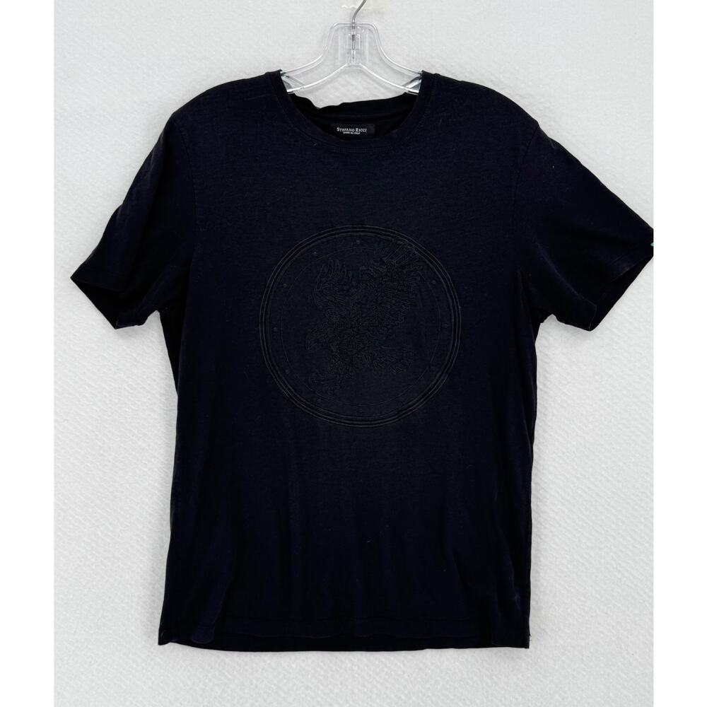Stefano Ricci Mens Black Embroidered Eagle Short Sleeve T Shirt Made in Italy